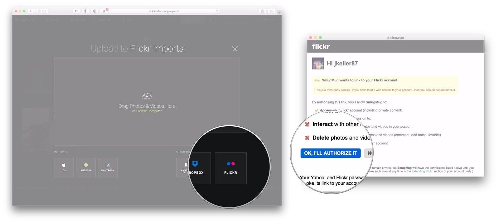 Нажмите Flickr, авторизуйте Flickr
