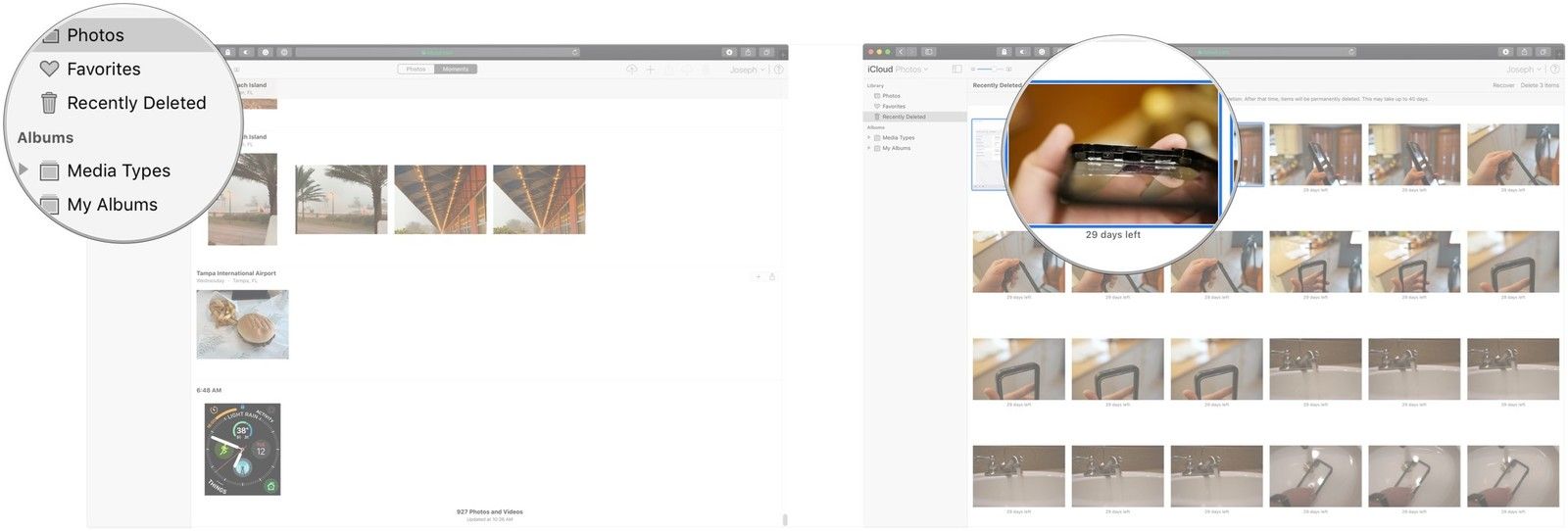 Нажмите Недавно Удаленные, выберите фотографии