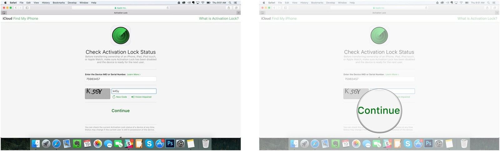 Введите в устройство's IMEI and the verification code. Click Continue.
