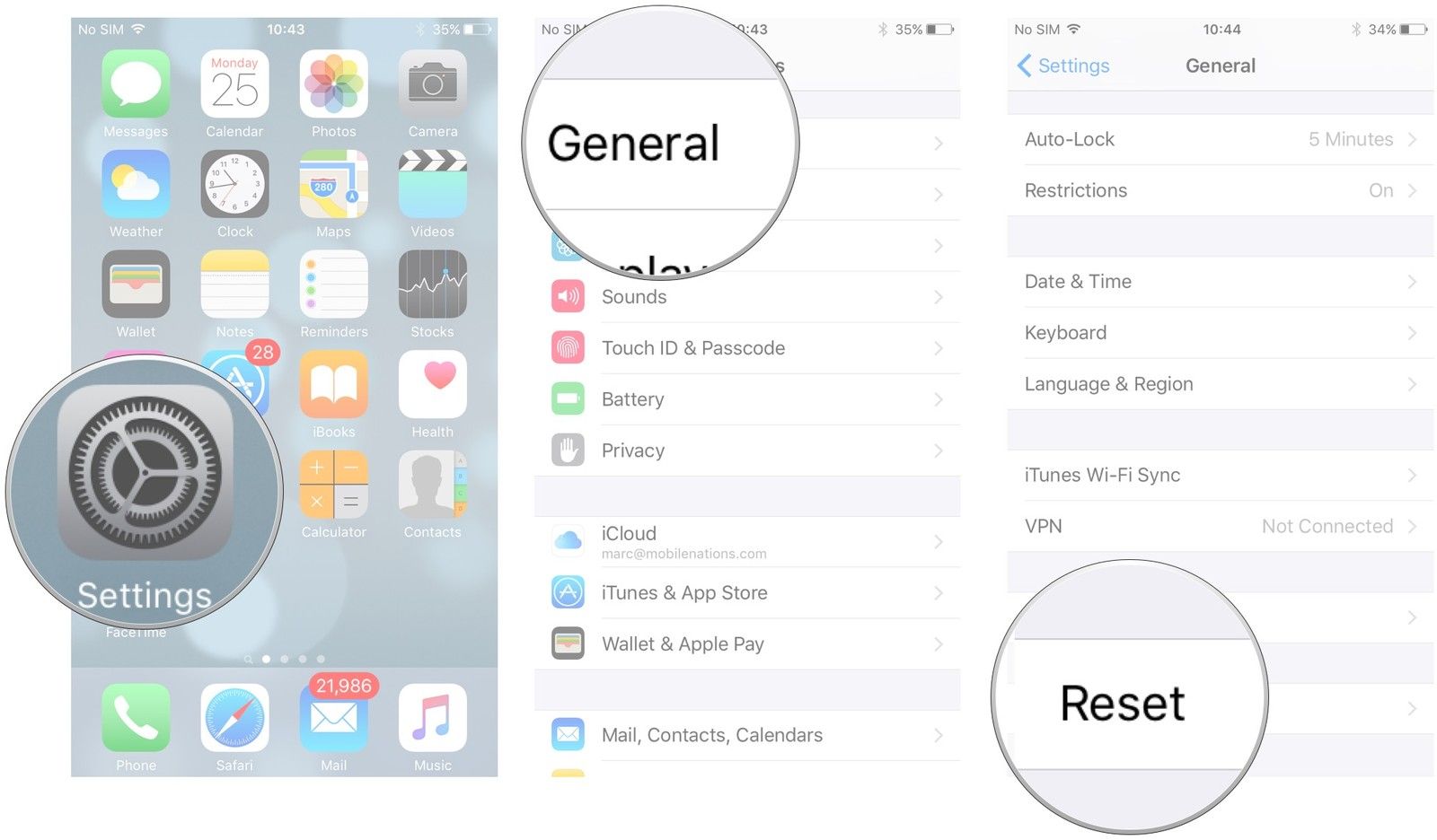 Нажмите &laquo;Настройки&raquo; на главном экране. Нажмите Общие. Нажмите Сброс.