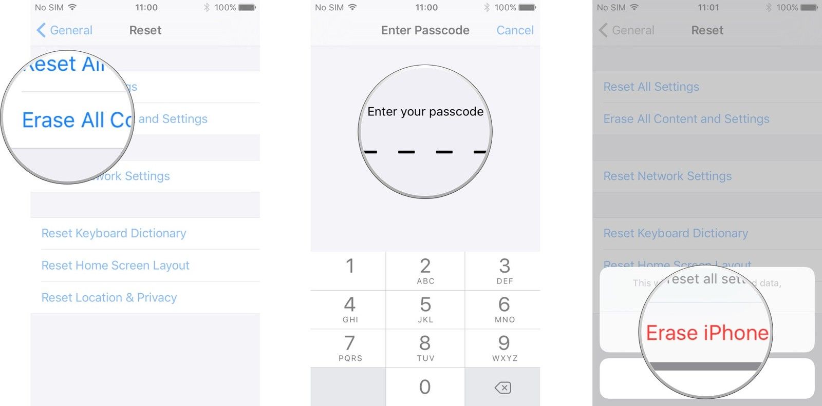 Нажмите &laquo;Удалить все содержимое и настройки&raquo;. Введите свой пароль ограничения. Нажмите &laquo;Стереть iPhone&raquo;.