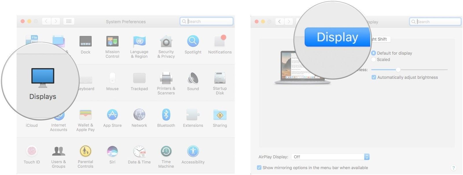 Нажмите Дисплеи, затем нажмите Дисплей