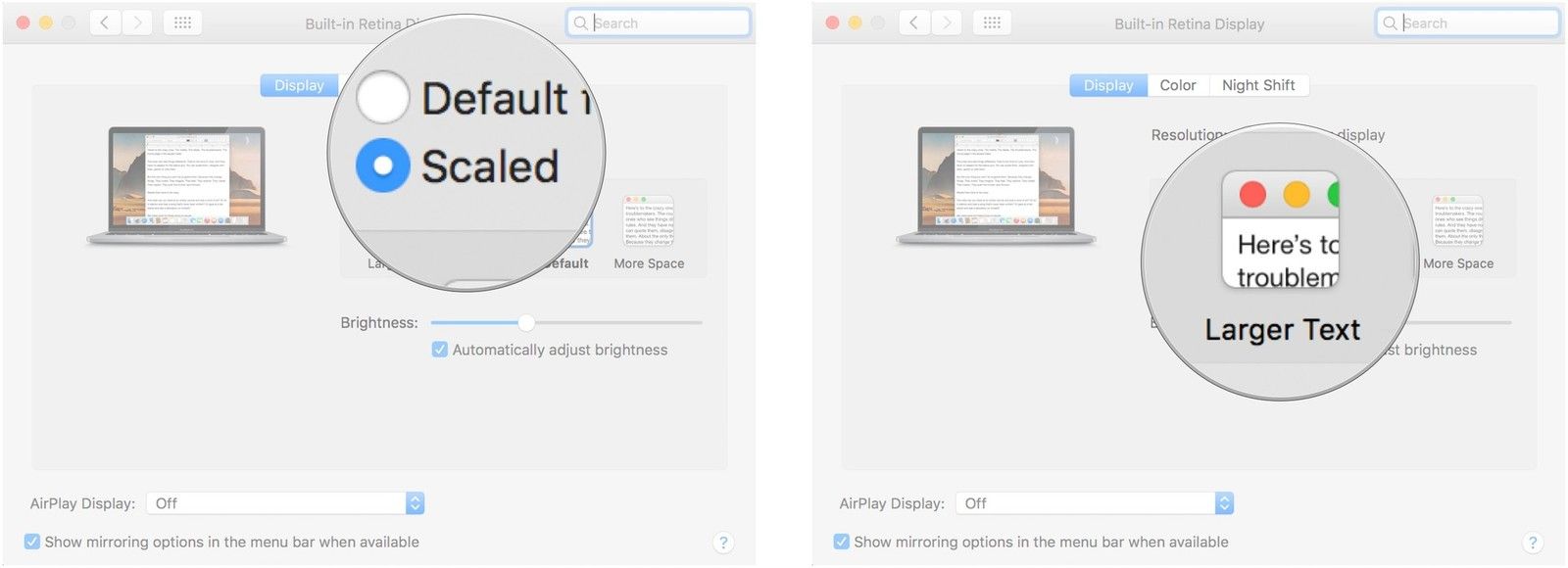 Нажмите Scaled, затем нажмите Large Text