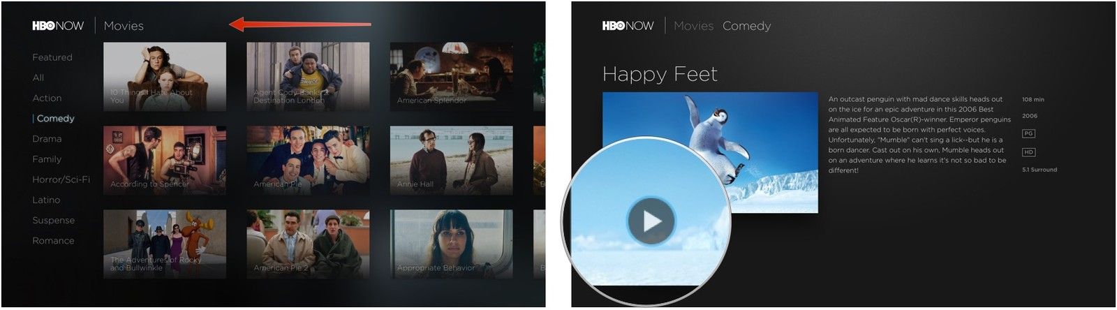 Воспроизведение фильма в HBO Now на Apple TV