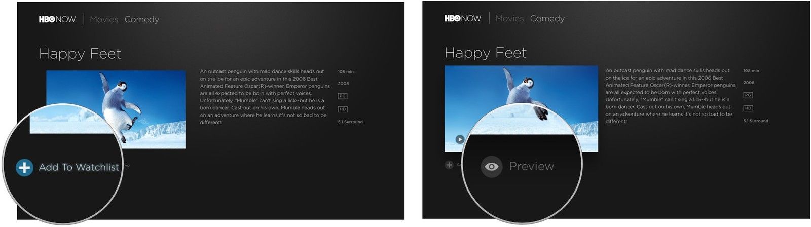 Выбор предварительного просмотра в HBO Now на Apple TV
