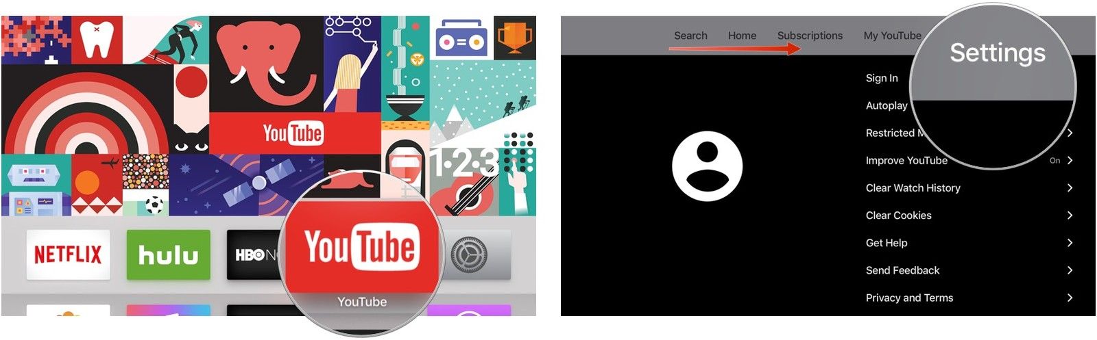Открытие приложения YouTube на Apple TV