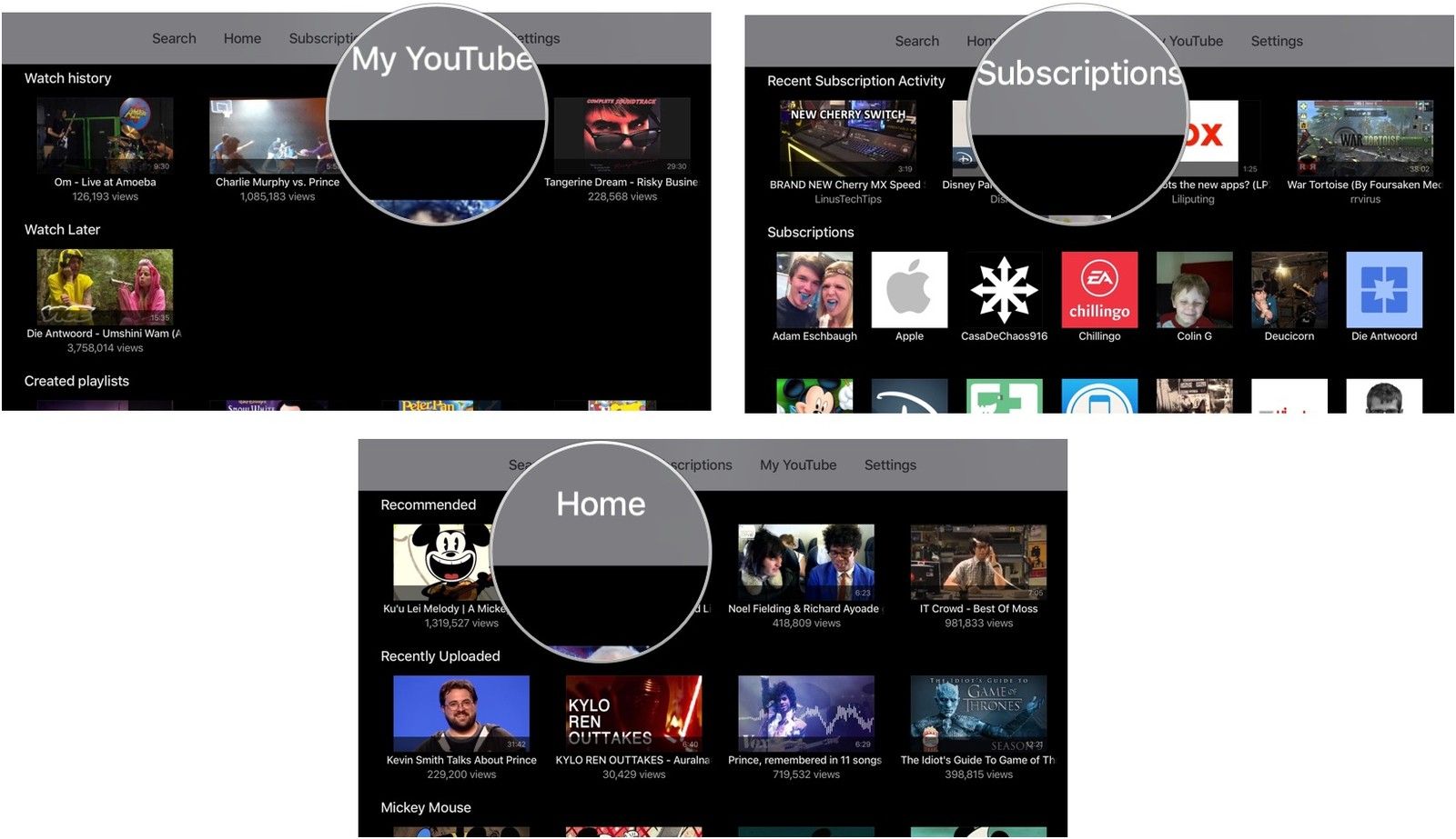 Мой YouTube, подписки и дом в YouTube на Apple TV