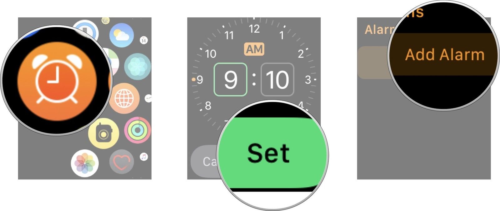Запустите приложение будильников на Apple Watch, нажмите «Добавить будильник», настройте время с помощью цифровой короны, а затем нажмите «Установить».