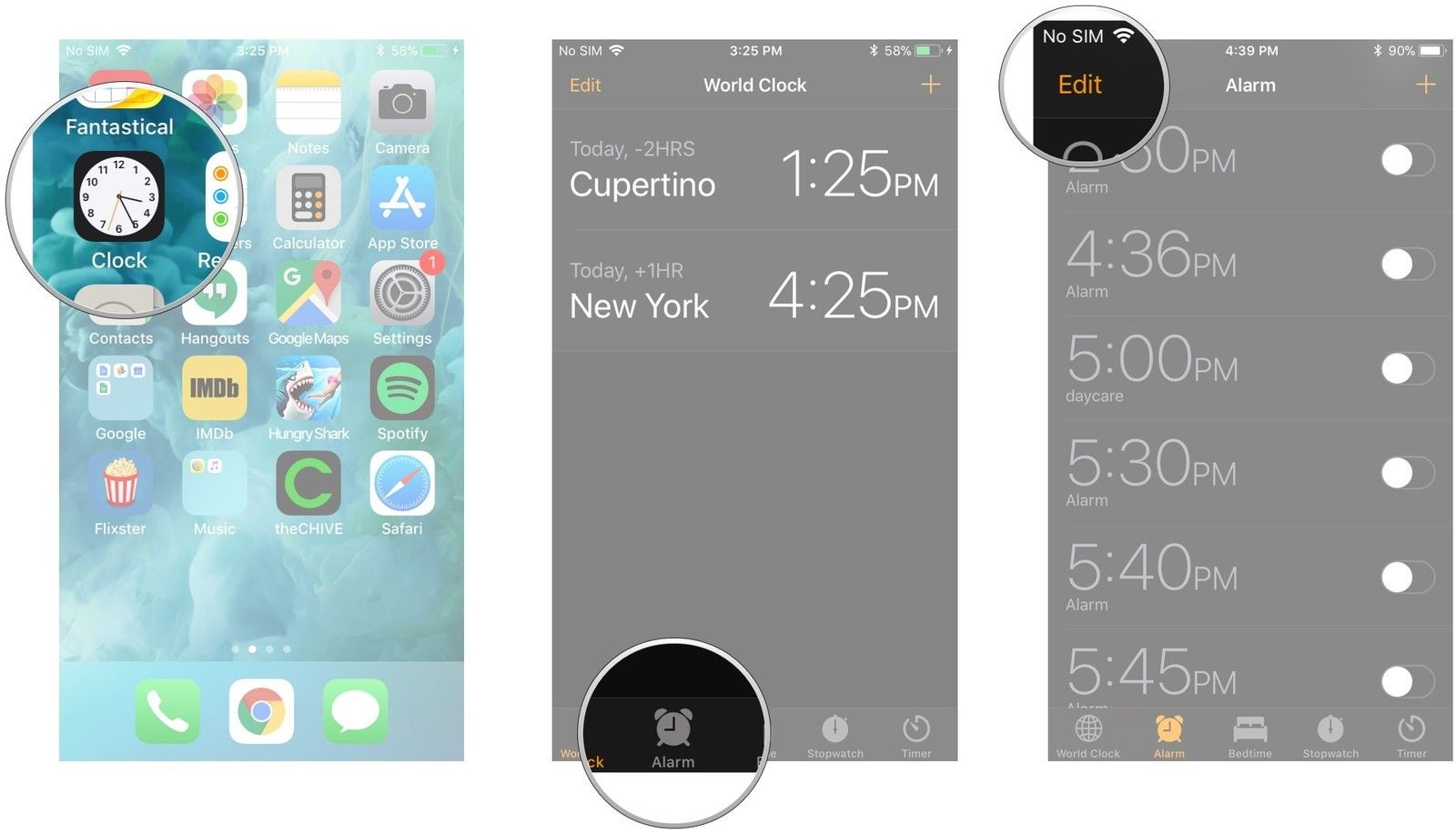 Запустите приложение «Часы», нажмите вкладку «Будильник», нажмите «Изменить».