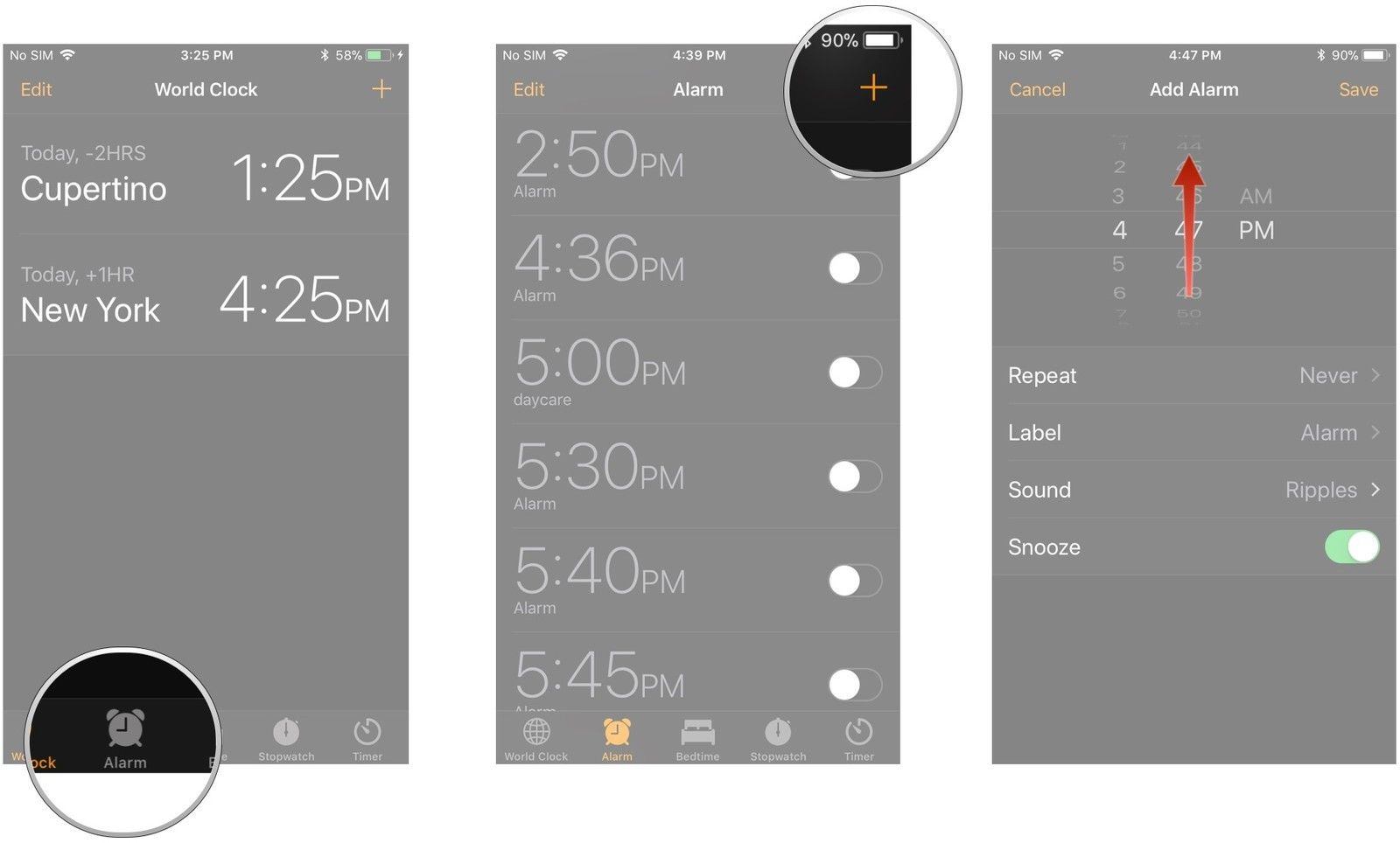 Нажмите кнопку «Будильник», нажмите кнопку «+», проведите пальцем вверх и вниз по панели выбора, чтобы выбрать время и AM или PM, нажмите «Сохранить».