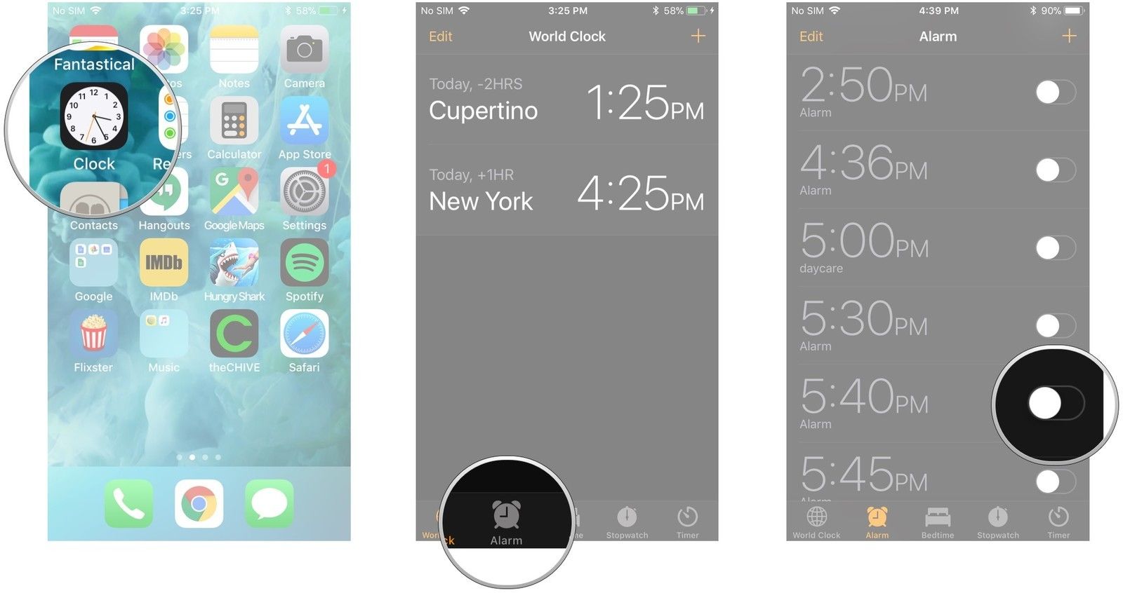 Запустите приложение «Часы», нажмите вкладку «Будильник», нажмите переключатель рядом с будильником.
