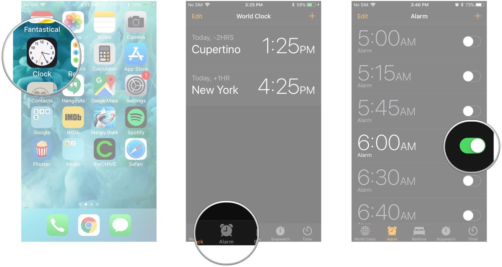 Запустите приложение «Часы», нажмите вкладку «Будильник», нажмите переключатель рядом с будильником.