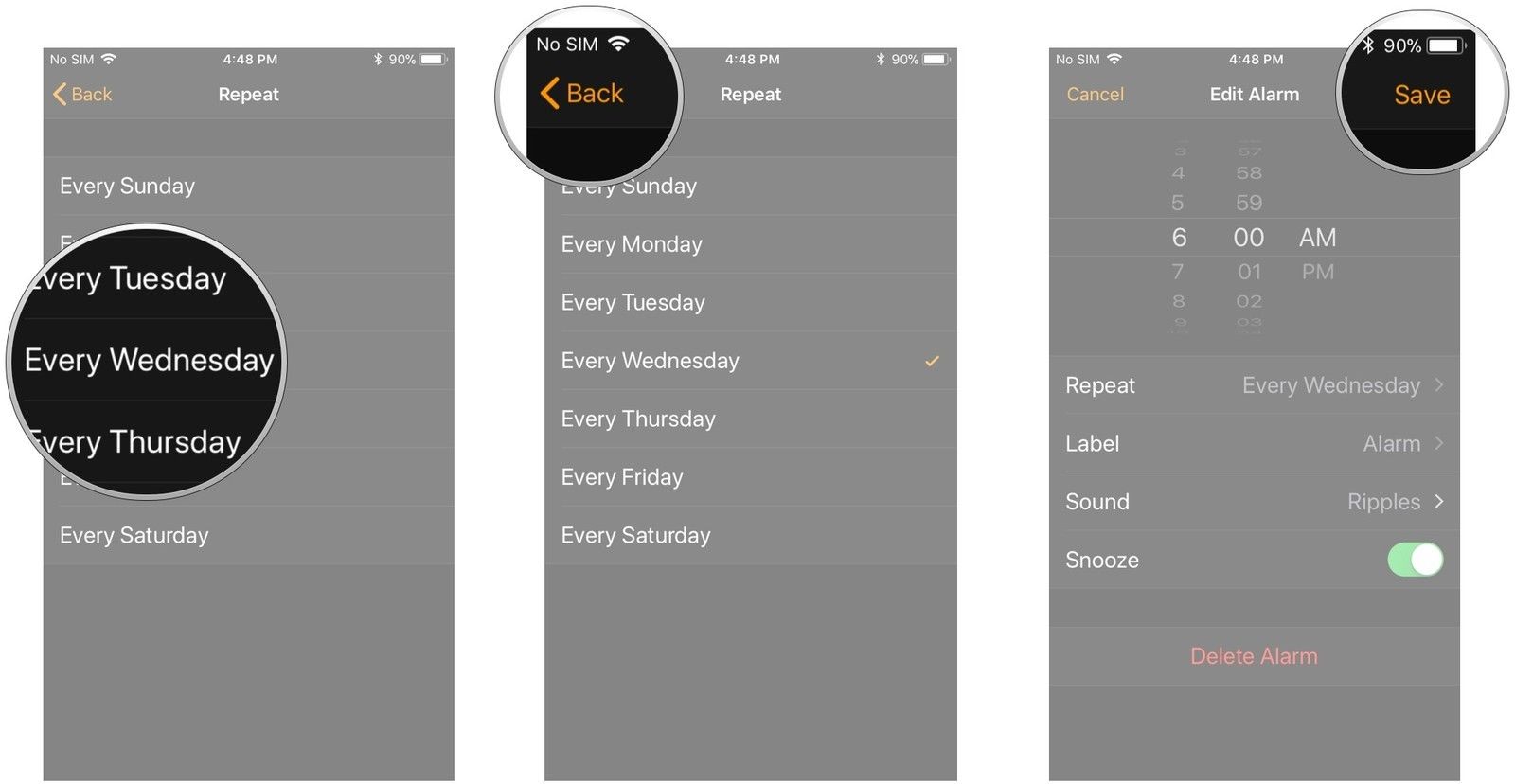 Нажмите на день или дни, когда вы хотите, чтобы будильник повторился, нажмите Назад, нажмите Сохранить