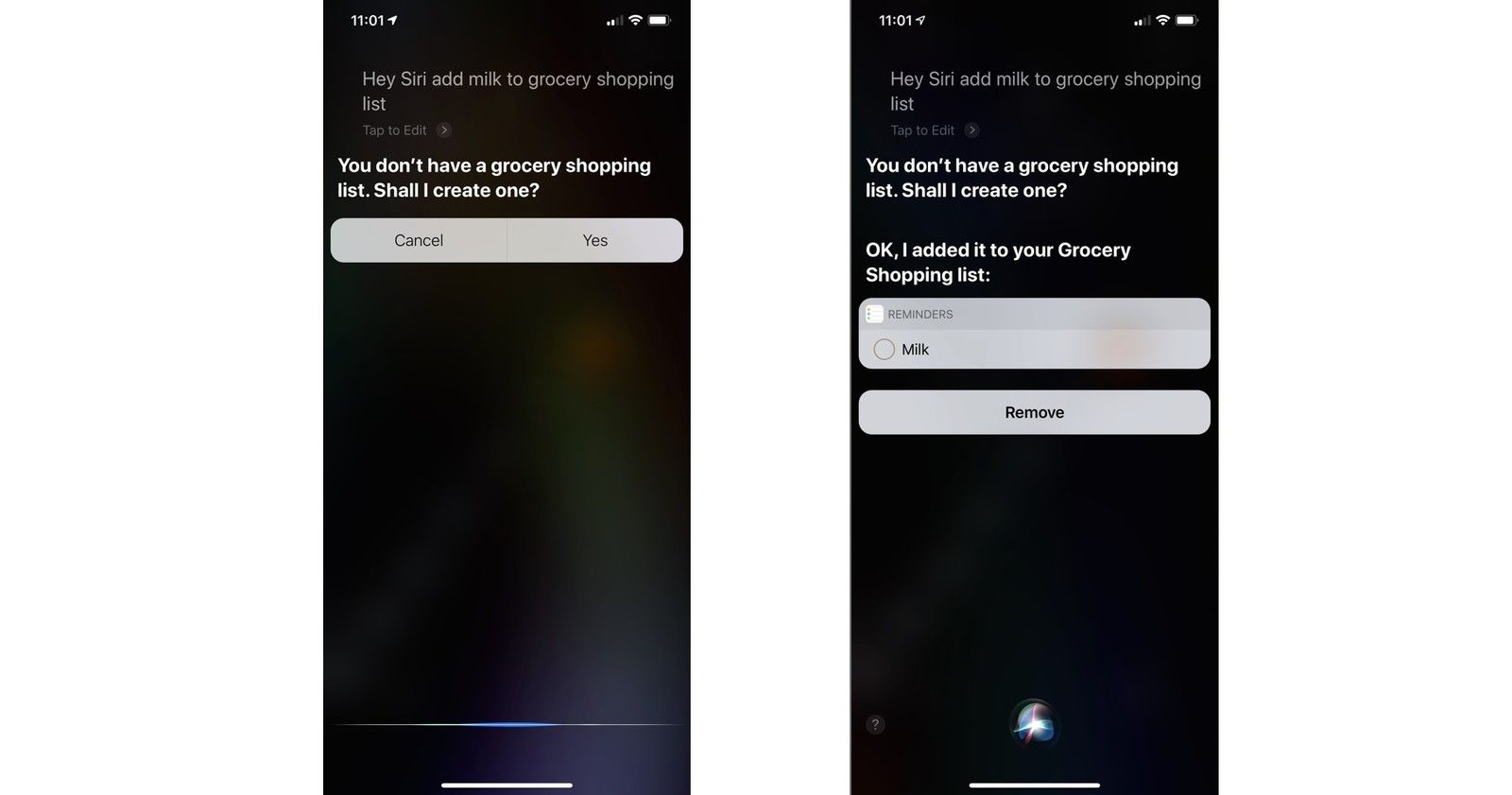 список покупок с Siri