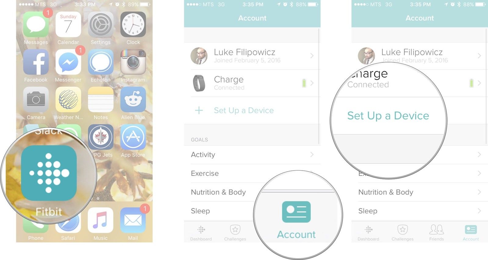 Запустите Fitbit на главном экране, нажмите на вкладку «Учетная запись», а затем нажмите на кнопку «Настроить устройство».