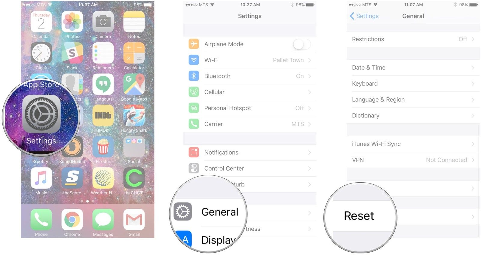 Запустите настройки, нажмите «Общие», нажмите «Сброс»
