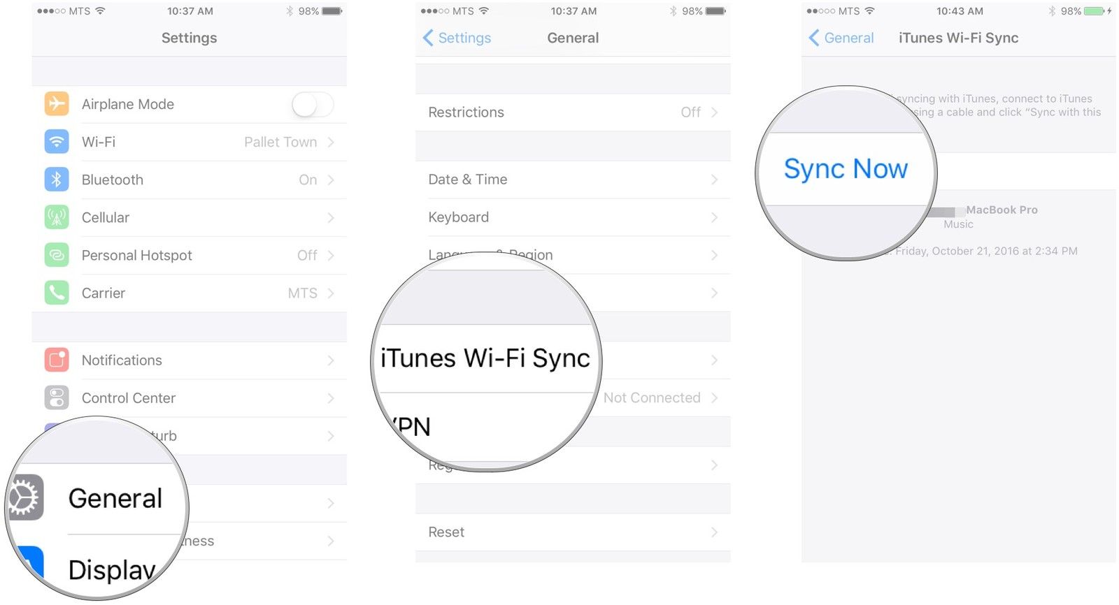 Нажмите «Общие», iTunes Wi-Fi Sync, Синхронизировать сейчас
