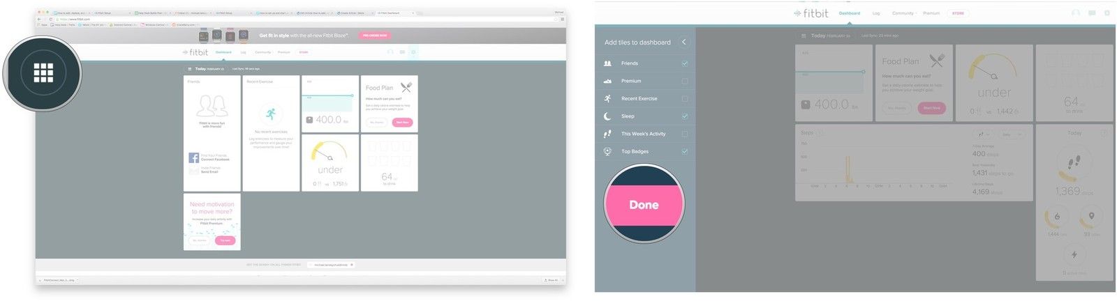 Нажмите кнопку добавления плитки, выберите плитки, которые вы'd like to add, click Done