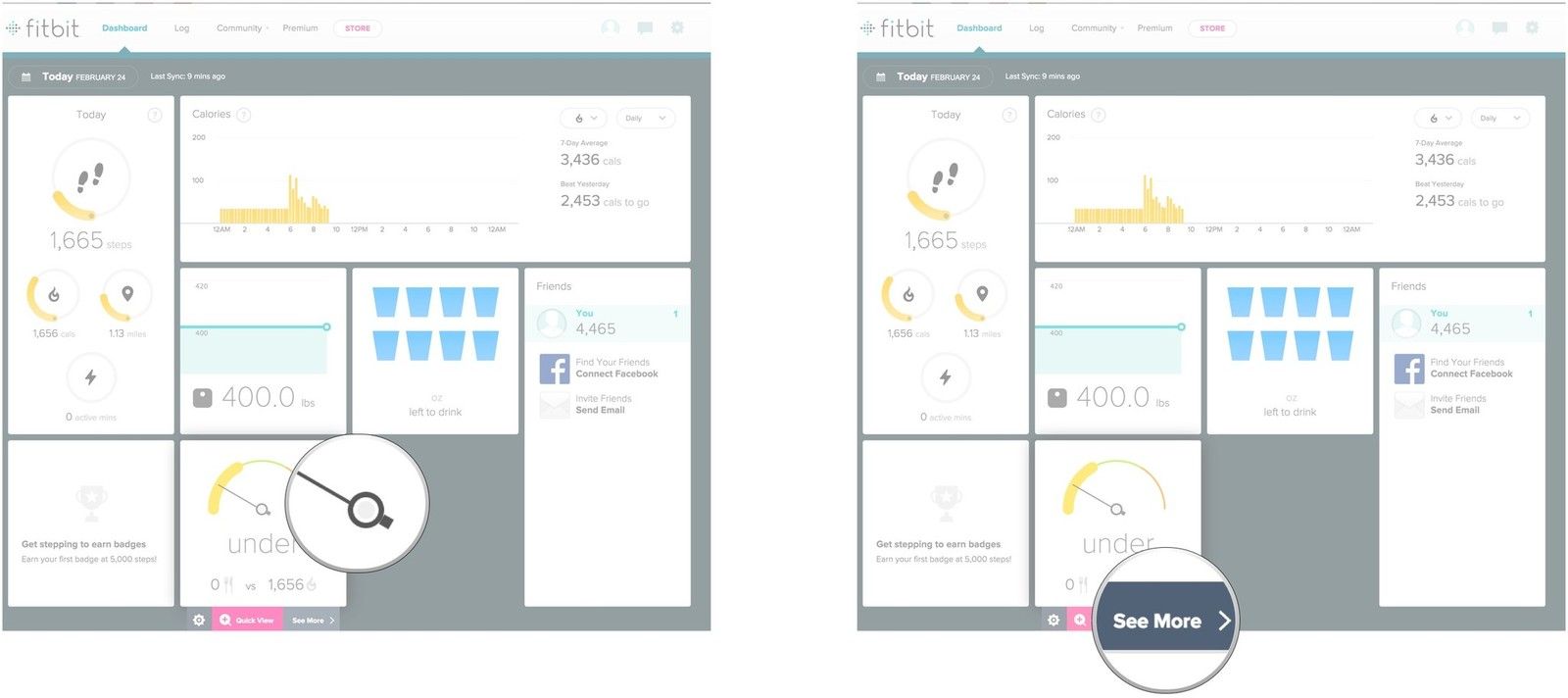 Наведите указатель мыши на плитку Calories In vs. Out и нажмите «Посмотреть больше».