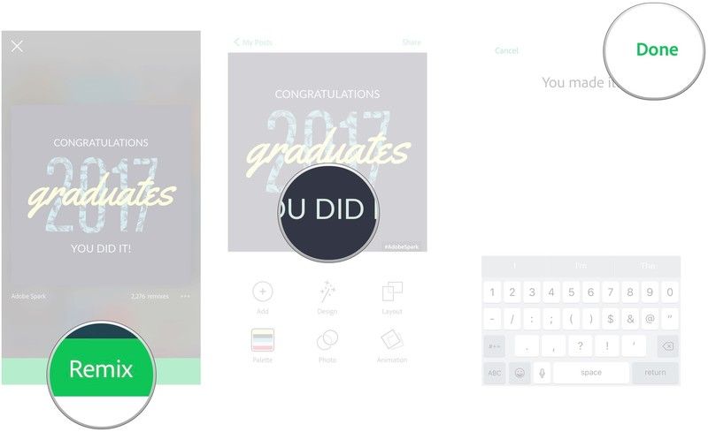 Нажмите &laquo;Ремикс&raquo;, дважды нажмите на текст, который вы хотите изменить, введите новый текст и нажмите &laquo;Готово&raquo;.