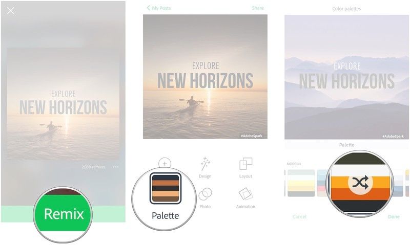 Нажмите ремикс, нажмите палитру, нажмите, чтобы выбрать палитру.