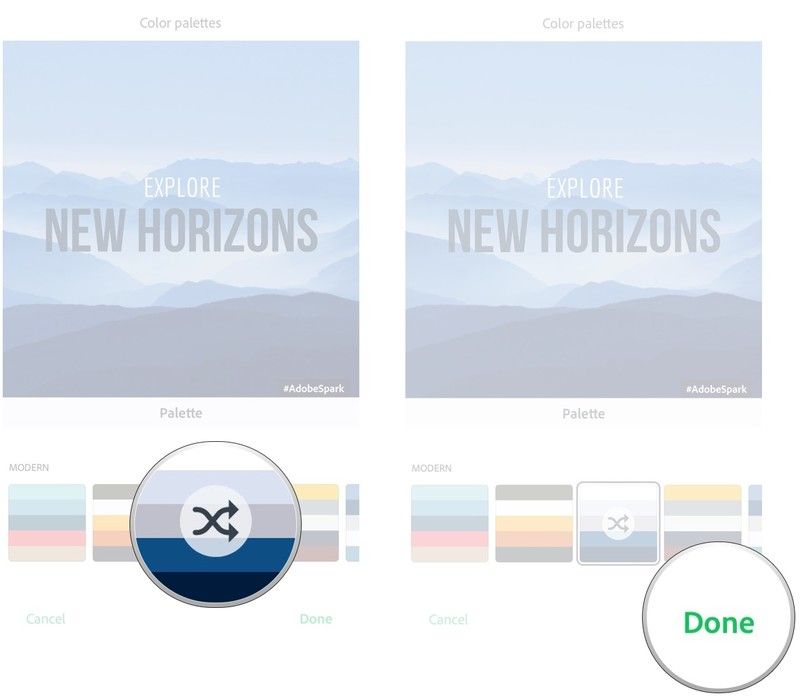 Нажмите, чтобы перебрать параметры палитры, нажмите &laquo;Готово&raquo;, чтобы сохранить изменения.