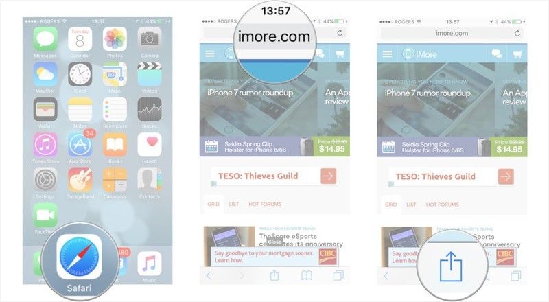 Запустите Safari, перейдите на веб-страницу, нажмите кнопку «Поделиться».