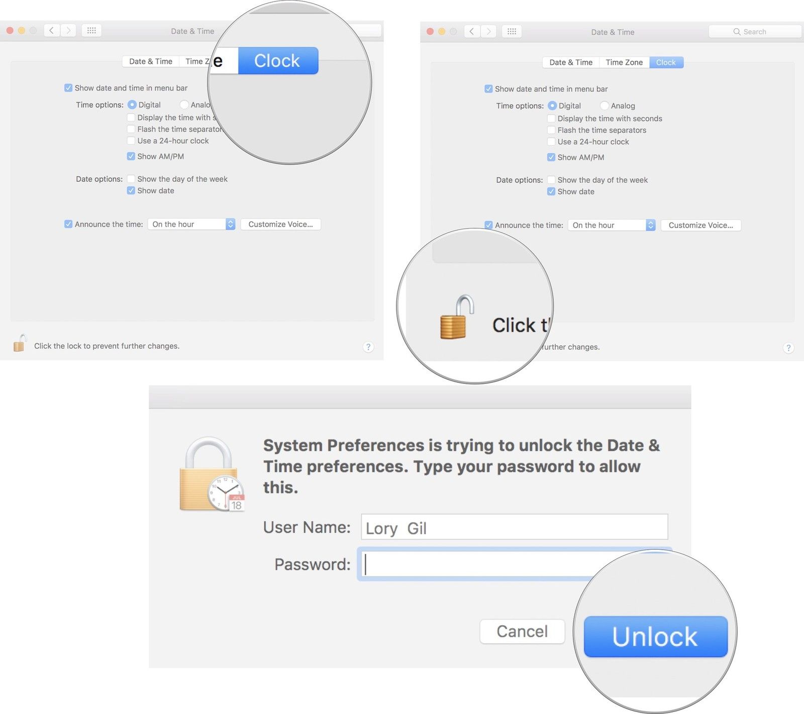 Нажмите Часы, затем нажмите замок, затем нажмите разблокировать