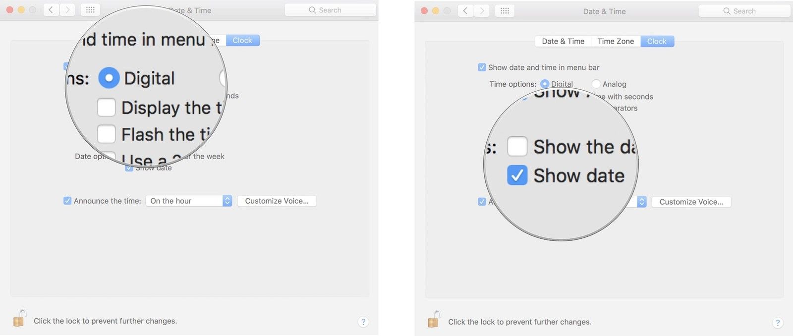 Выберите стиль часов, затем выберите, хотите ли вы показать день недели и дату