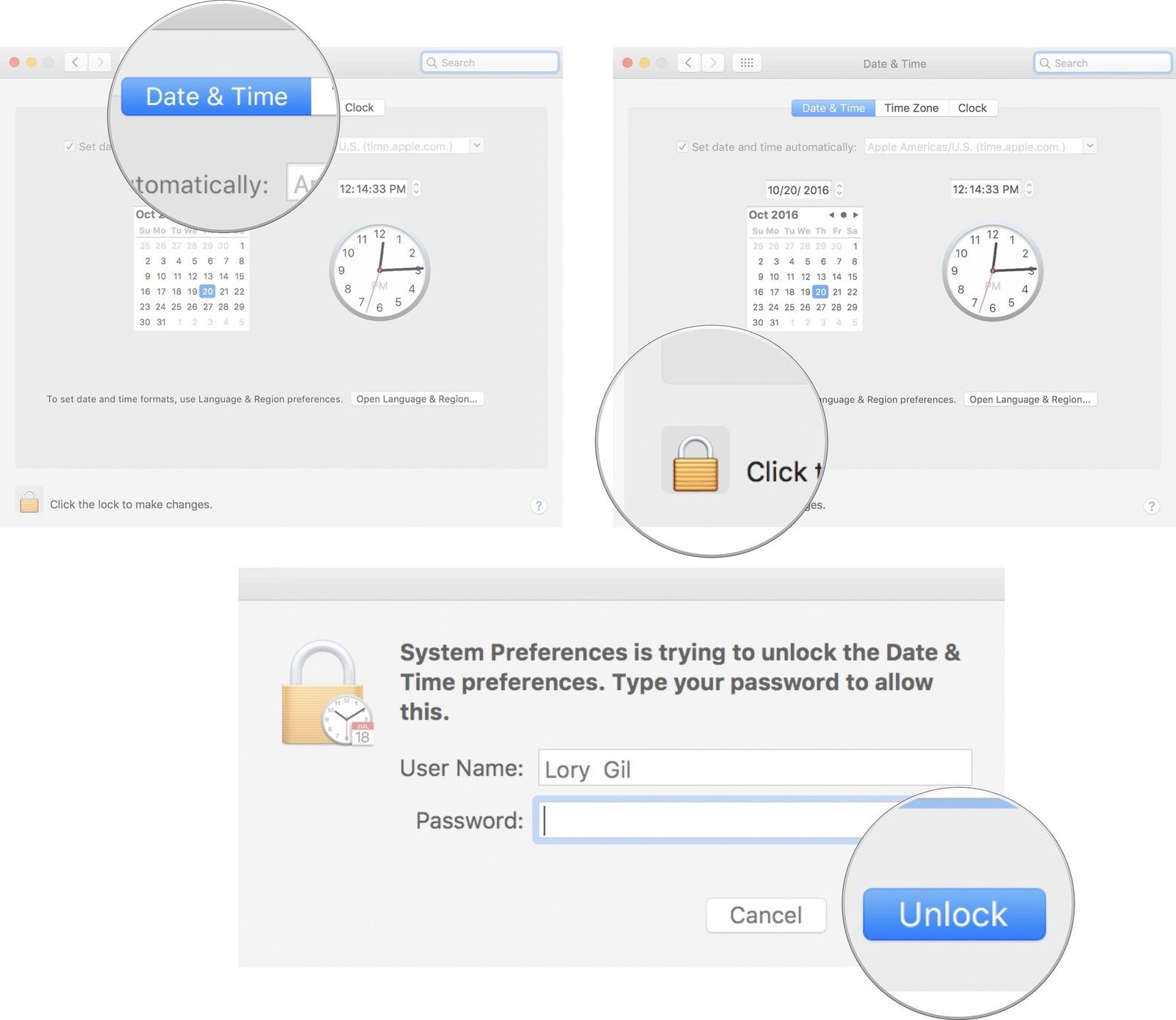 Нажмите дату и время, затем нажмите замок, затем введите свой пароль
