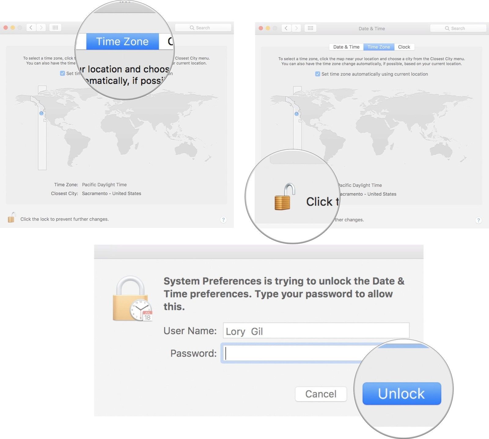 Нажмите часовой пояс, затем нажмите замок, затем нажмите разблокировать