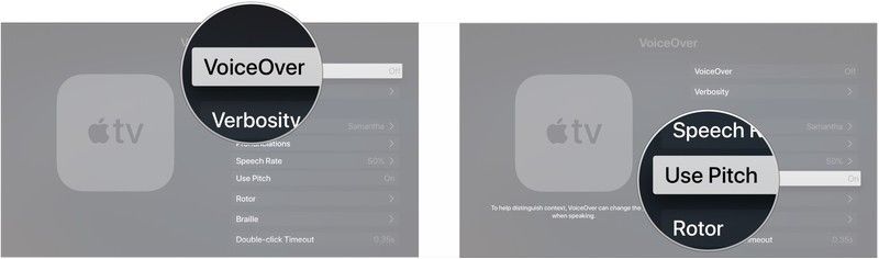 Нажмите VoiceOver, нажмите «Использовать высоту тона»