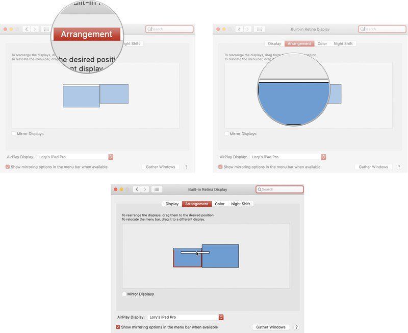 Нажмите Arrangements, затем выберите белую полосу и перетащите ее на другой экран.