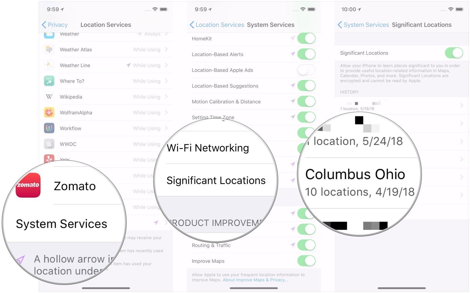 Нажмите «Системные службы», нажмите «Значимые местоположения», нажмите на город или город
