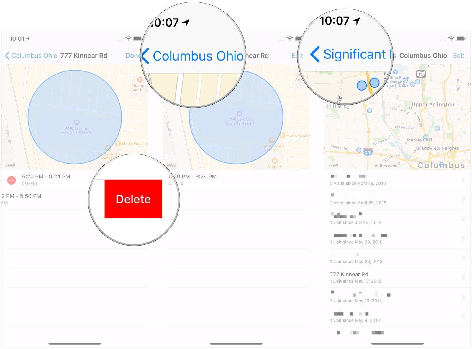 Нажмите «Удалить», нажмите название местоположения, нажмите «Значимые местоположения»