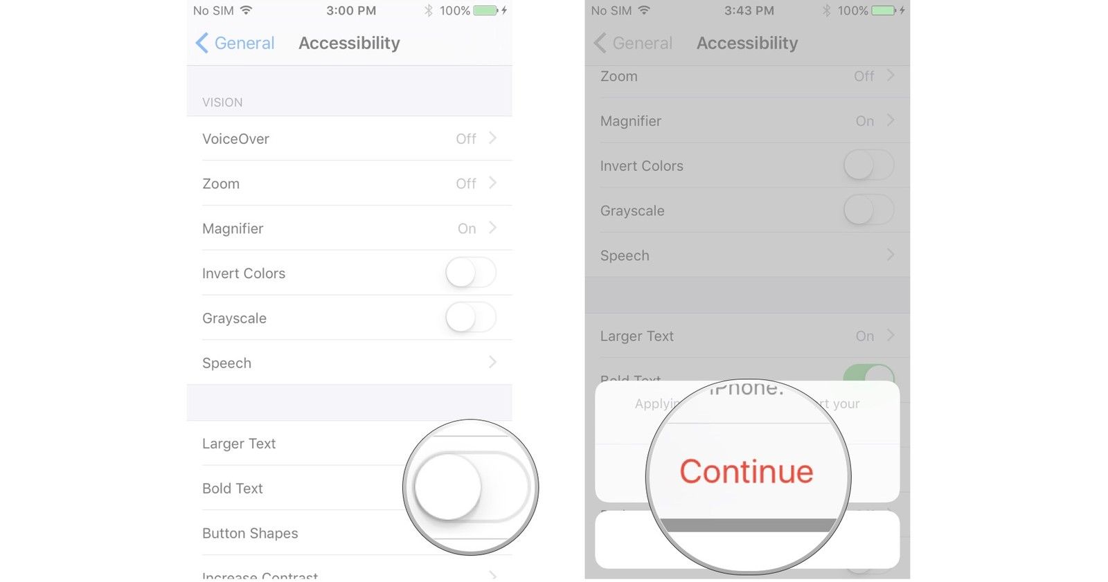 Нажмите переключатель рядом с полужирным текстом, нажмите «Продолжить».