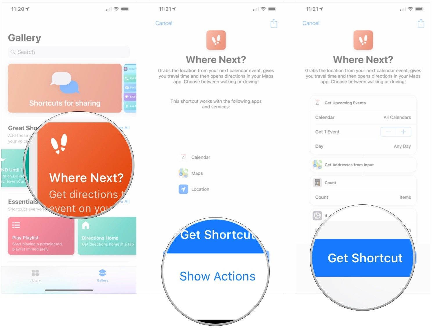 Нажмите на нужный ярлык, нажмите Показать действия, нажмите Получить ярлык