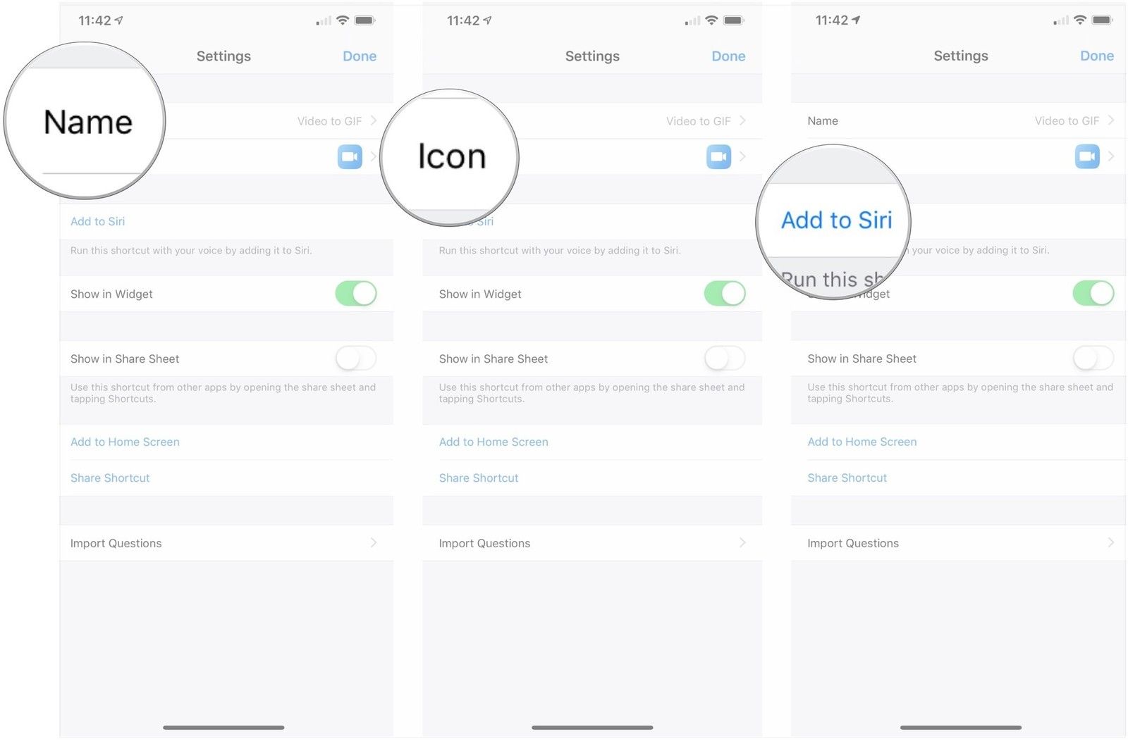 Нажмите Имя, нажмите Значок, нажмите Добавить к Siri