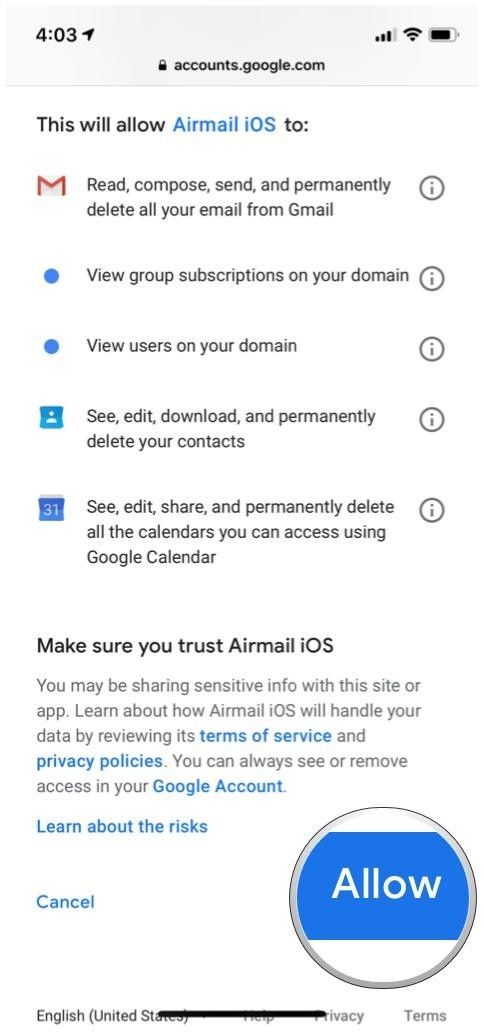 Разрешения учетной записи Google Airmail позволяют