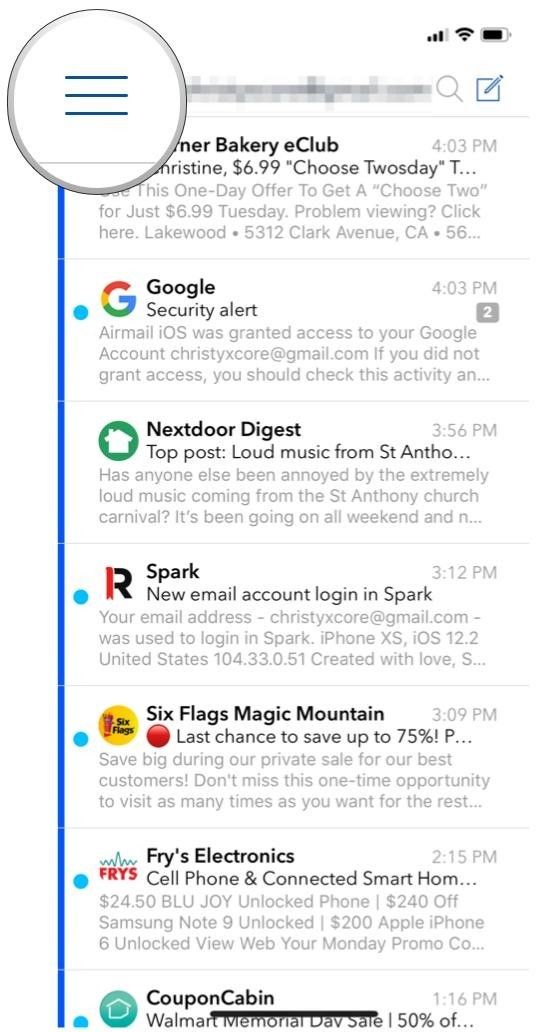 кнопка бокового меню входящей почты