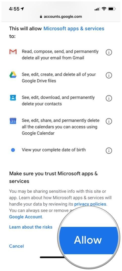 Google Outlook разрешить доступ