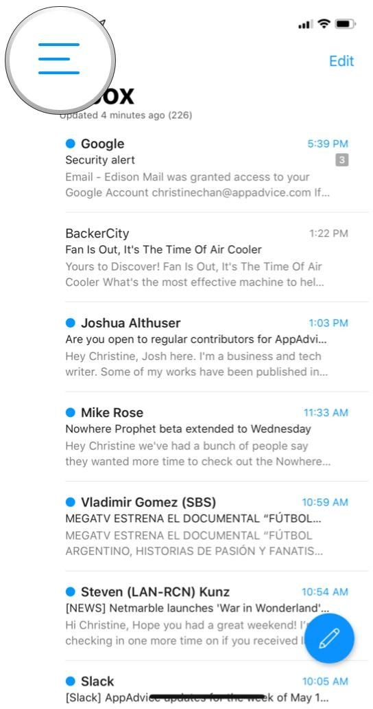 кнопка бокового меню почтового ящика edison mail