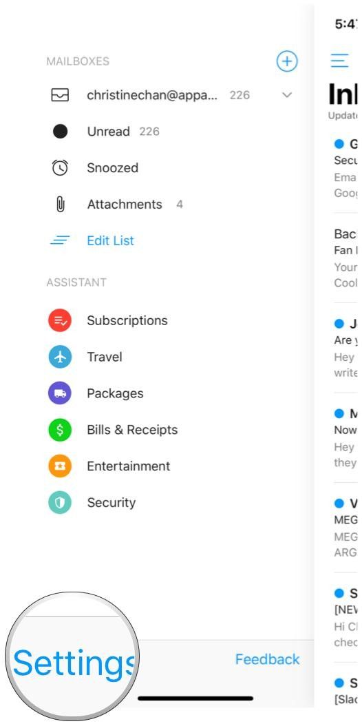 Настройки бокового меню Edison Mail