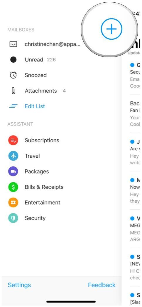 боковое меню Edison Mail добавить ярлык учетной записи