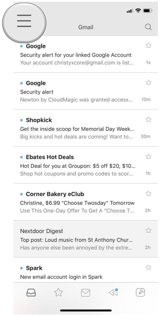 кнопка бокового меню входящей почты Newton Mail