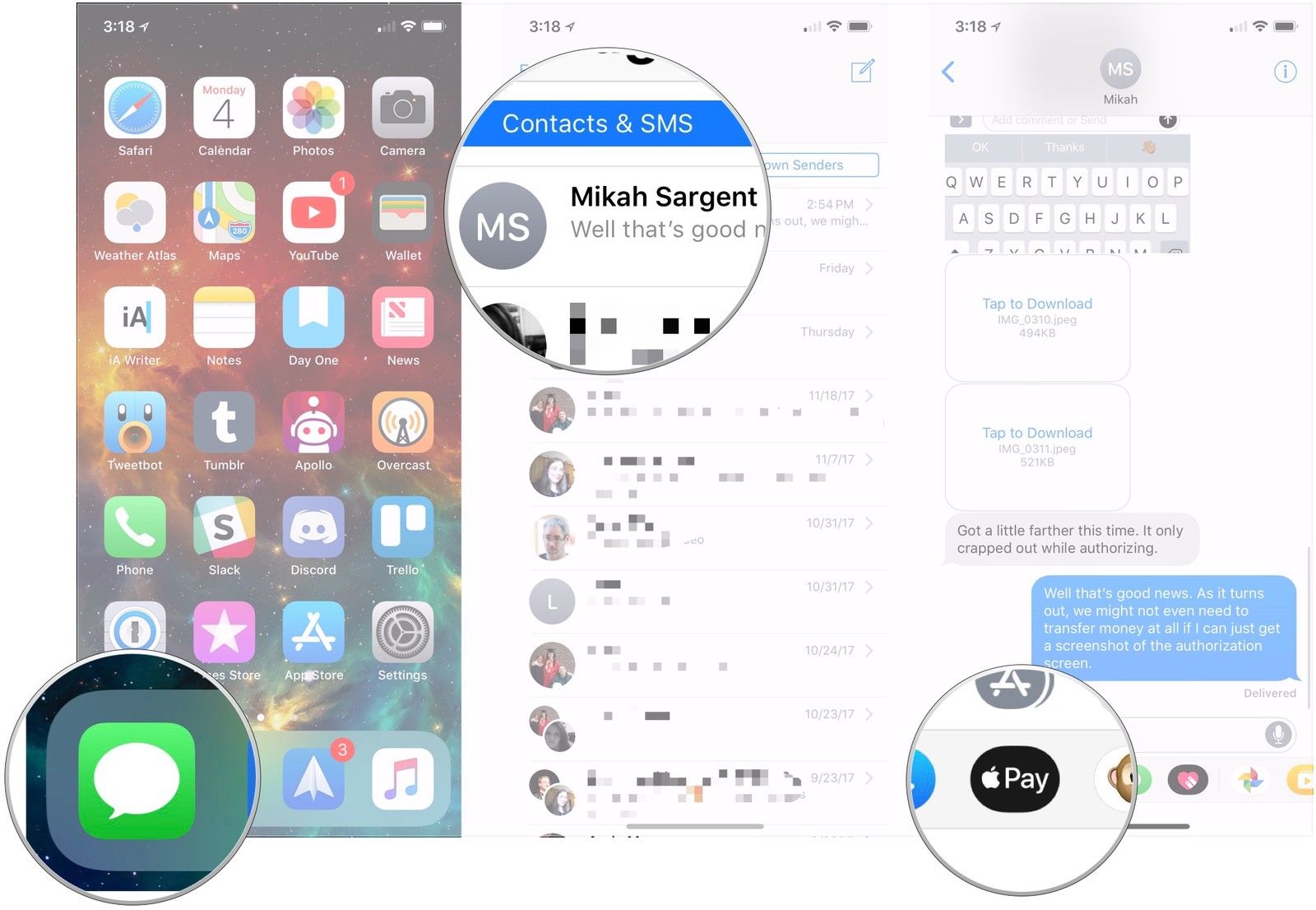 Откройте сообщения, нажмите на разговор, нажмите кнопку Apple Pay