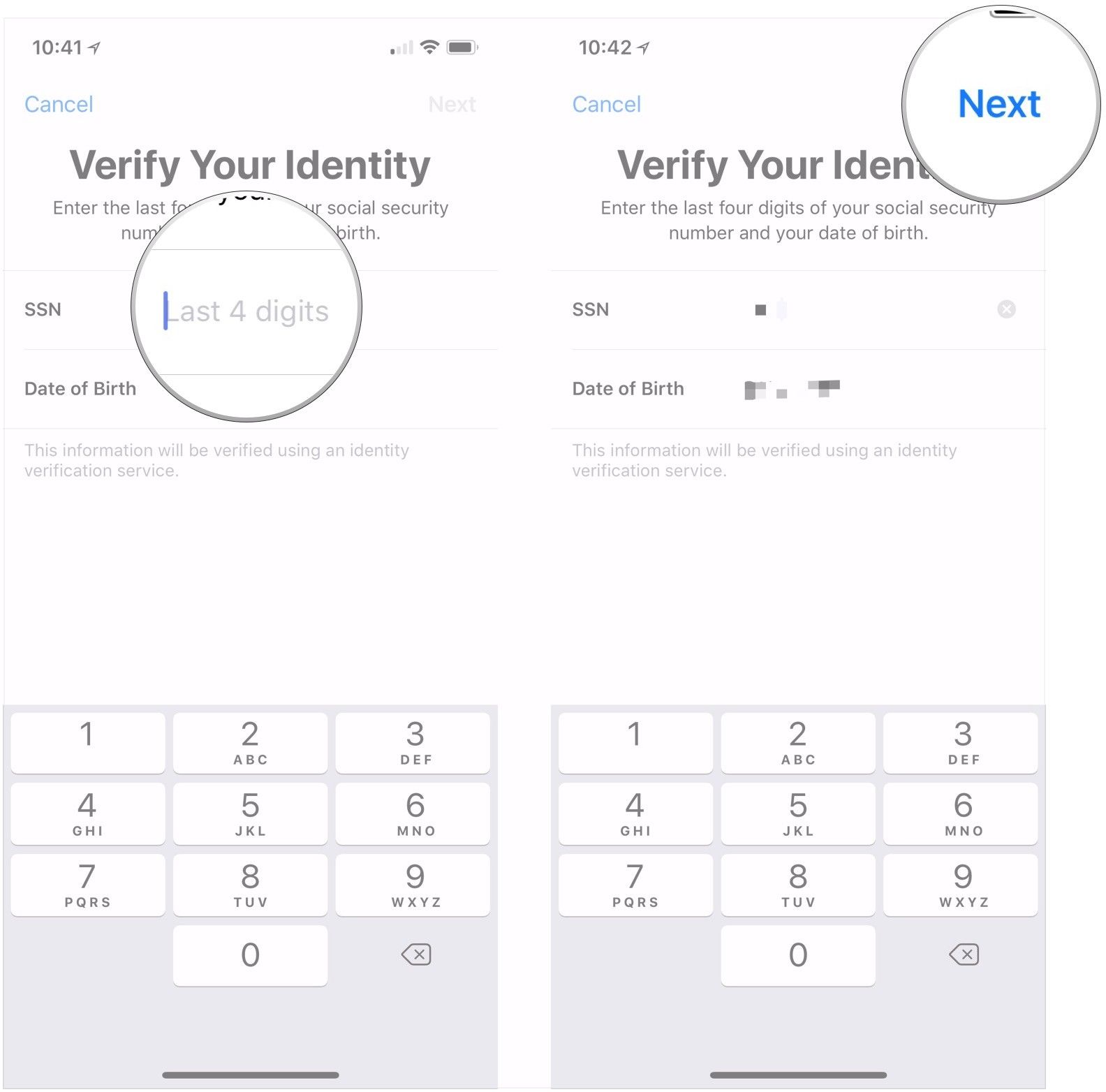 Введите SSN и дату рождения, нажмите Далее