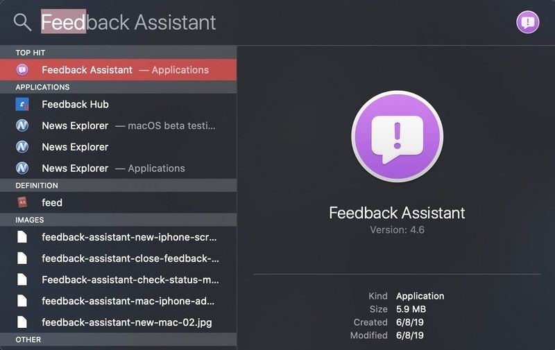 Spotlight Search поможет вам найти приложение Feedback Assistant на вашем Mac