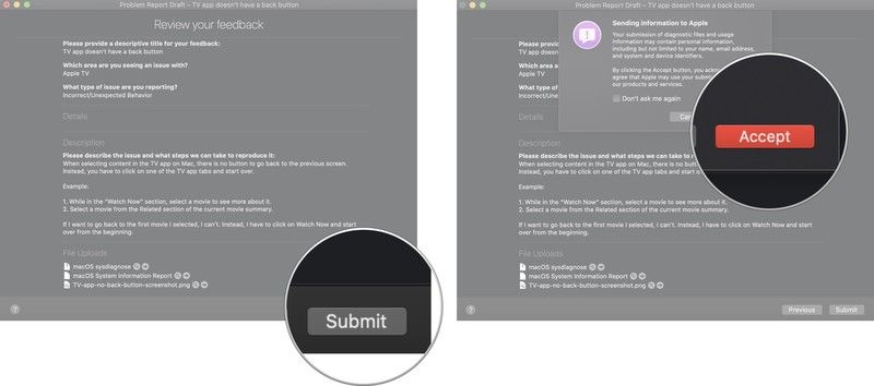 Просмотрите свой отзыв и нажмите «Отправить», затем нажмите «Принять», чтобы подтвердить, что вы хотите отправить отзыв