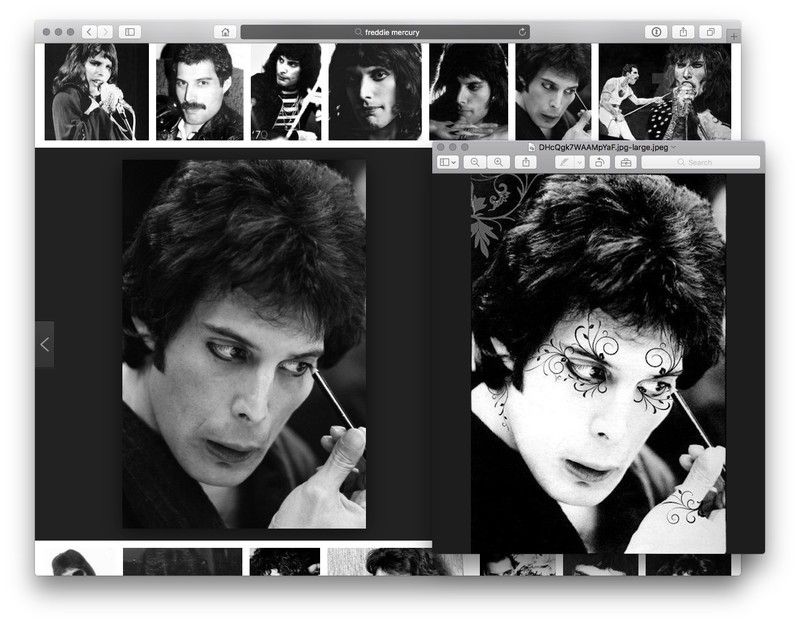 После небольшой прокрутки вы'll see the actual image of Freddie Mercury applying eyeliner.